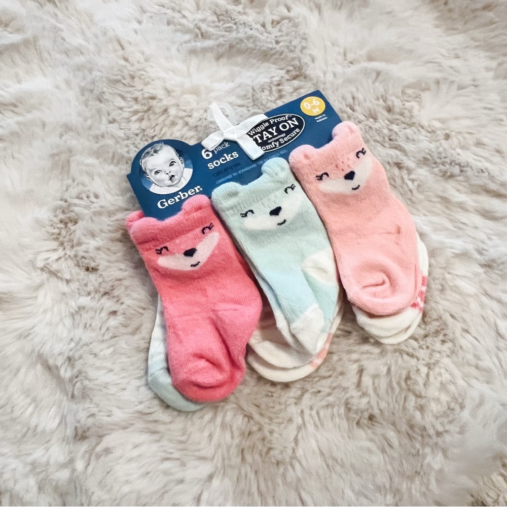 NWT Gerber Baby Socks with Animal Faces and Striped - Pink, Blue, White 6 pack
